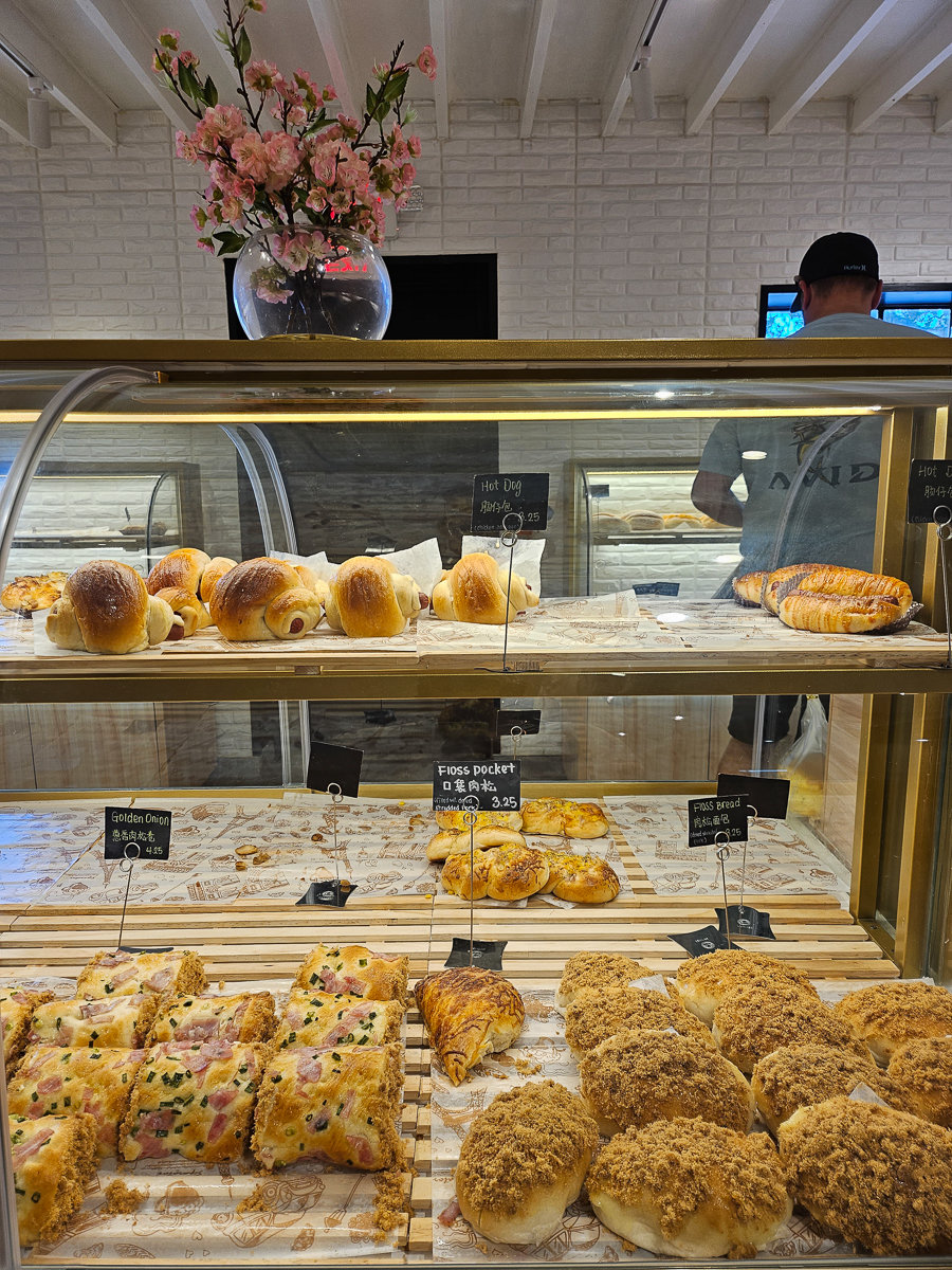bakery case with savory breads